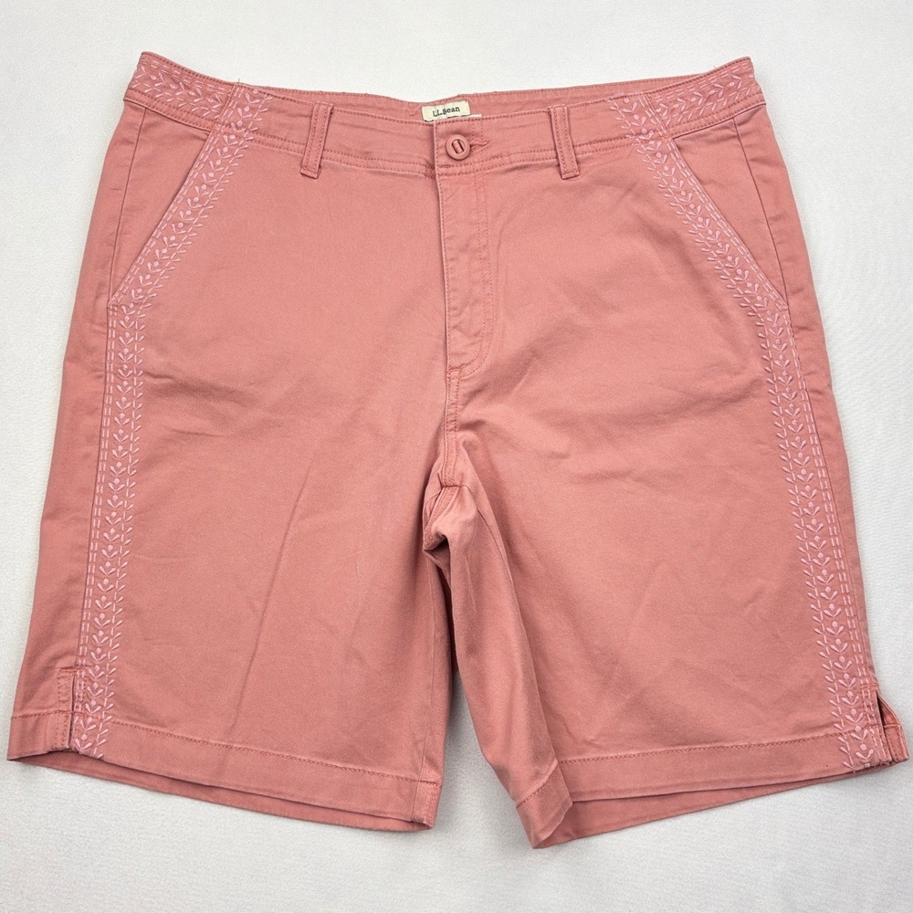 LL Bean Shorts Womens 14 Regular Pink Embroidered Stretch Chino Favorite Fit 9